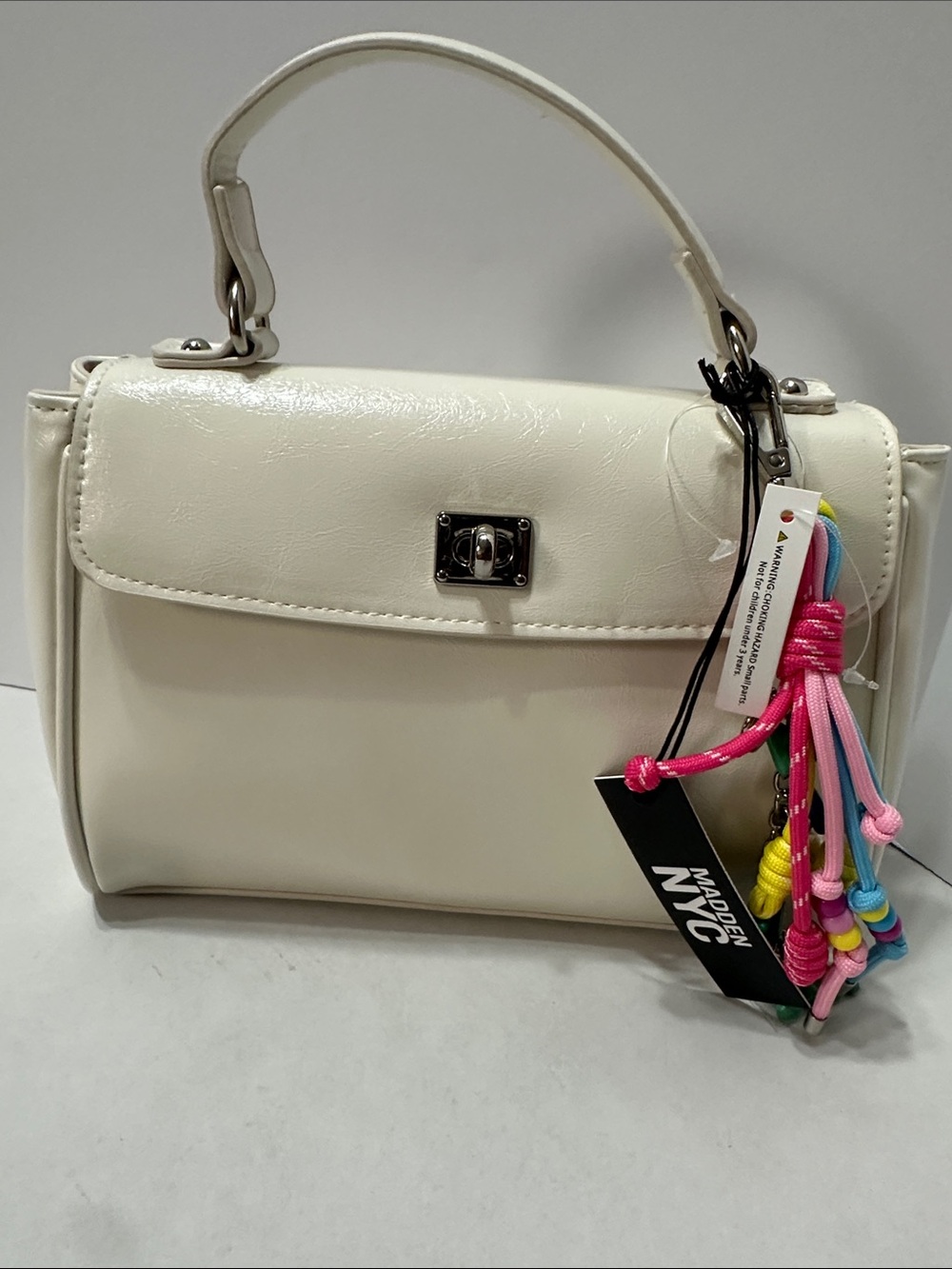 Madden NYC Cream Top-Handle Satchel with Colorful Charm